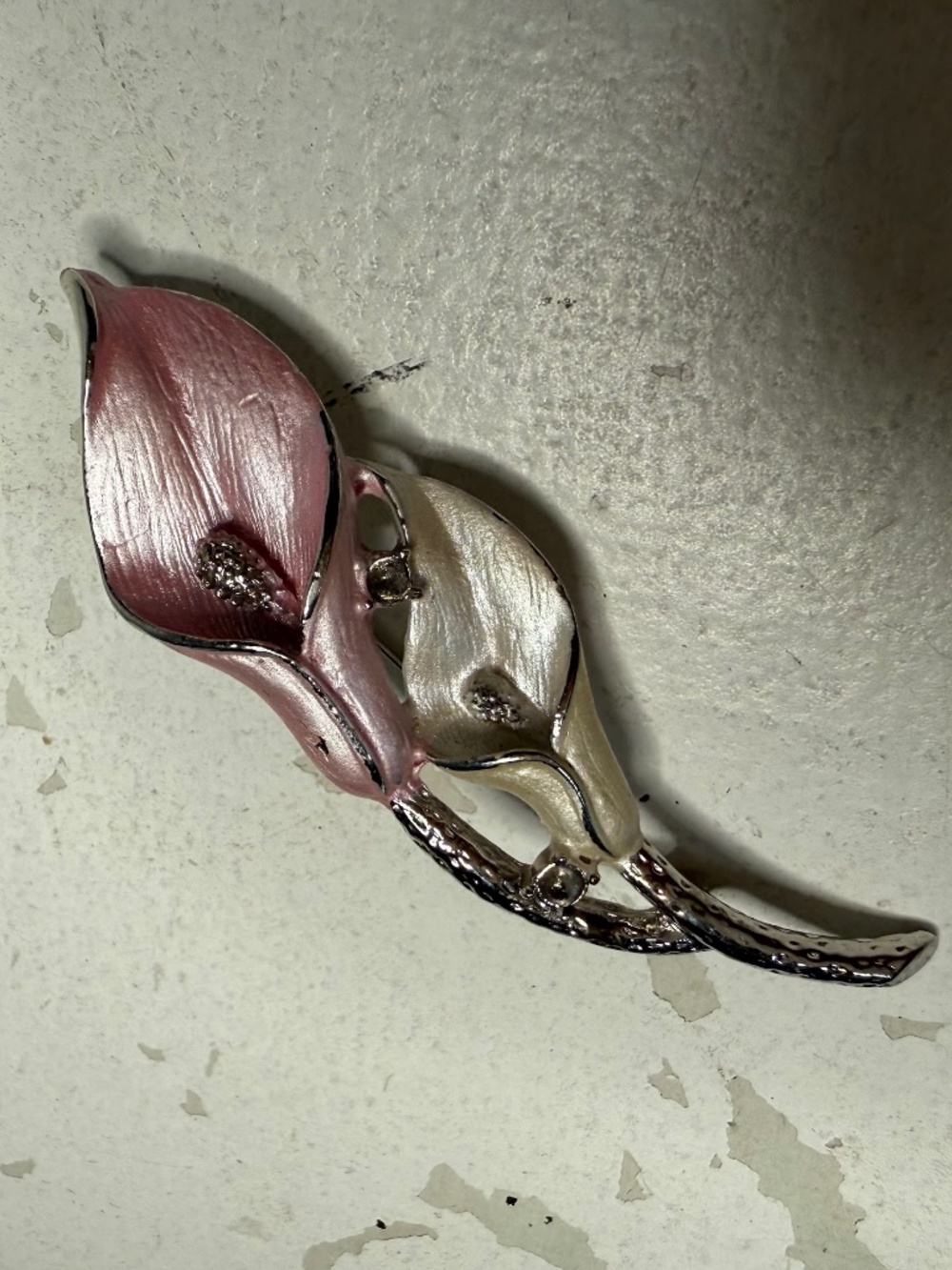 Vintage Premier Designs Pink & Cream Satin Finish Silver Tone Calla Lily Brooch